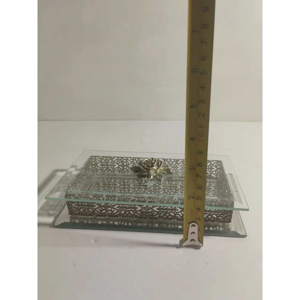 Vintage Studio Silversmiths Rose Filigree Beveled Glass Mirrored Jewelry Box
